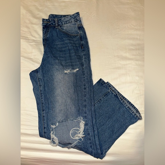 SHEIN Denim - SHEIN PETITE High Waist Cut Out Ripped Frayed Straight Leg Jeans